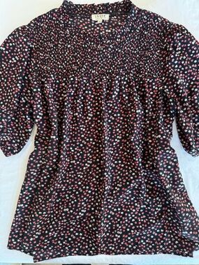 Indie & Co Floral Smocked Black Blouse with Pink & White Flowers L